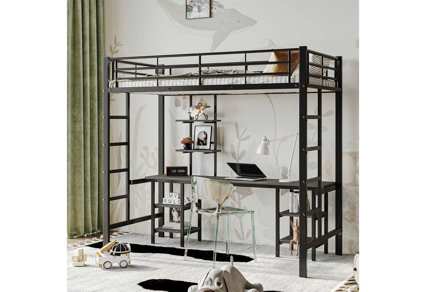autolock Hochbett Eisenrahmenbett, Etagenbett mit Tisch und Regalen, 90x200cm autolock Hochbett Eisenrahmenbett, Etagenbett mit Tisch und Regalen, 90x200cm von autolock