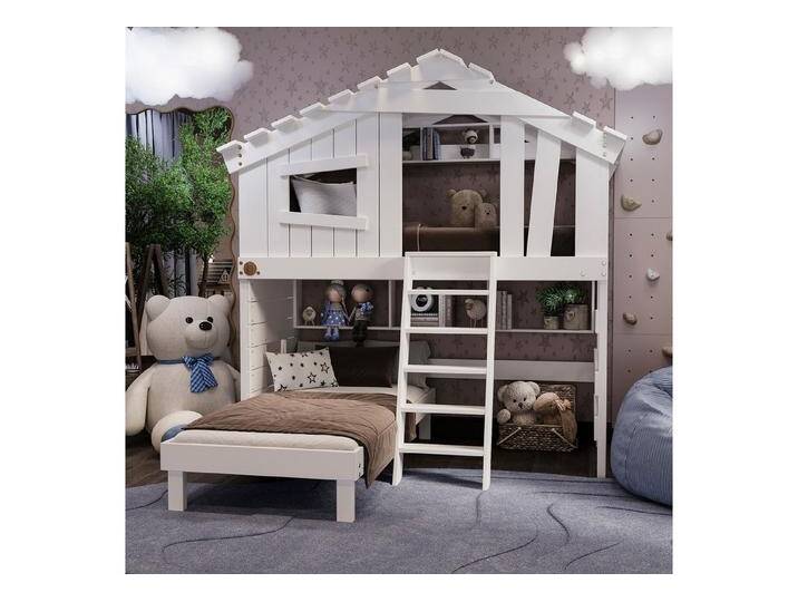 bibex Hochbett ALPIN CHALET Hochbett, Kinderbett, Etagenbett - Creme-Beige, mit Unterbett und 2 Regale (vier- und dreieckig) von OTTO