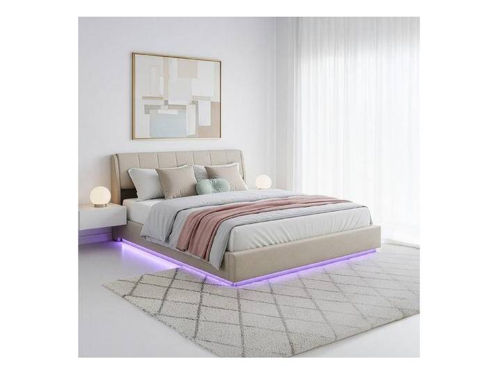 en.casa Polsterbett, »Tröstiar« mit LED-Beleuchtung Bettkasten Leinen 180 x 200 cm Beige, beige, ohne Matratze, Beige von OTTO