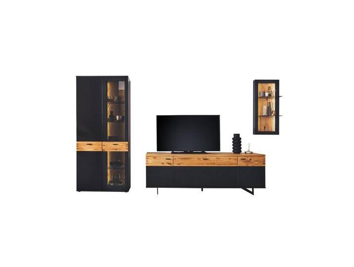 expendio Wohnwand Ceylin 21, (Spar-Set, 3-St), schwarzgrau lackiert / Wildeiche massiv, 317x201x50 cm, grau schwarz, mit Beleuchtung von OTTO