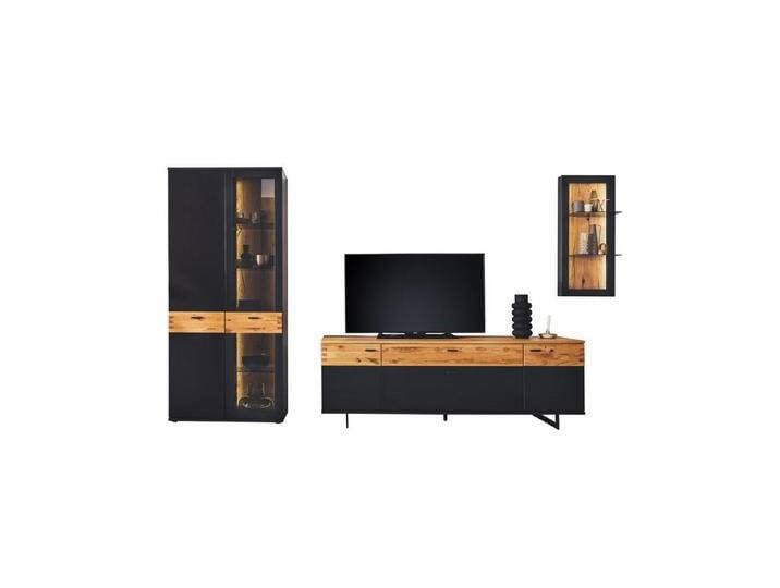 expendio Wohnwand Ceylin 21, (Spar-Set, 3-St), schwarzgrau lackiert / Wildeiche massiv, 317x201x50 cm, grau schwarz, mit Beleuchtung von OTTO