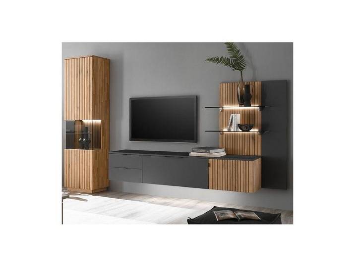 expendio Wohnwand Linda 21, (Spar-Set, 3-St), anthrazit lackiert/ Eiche massiv bianco geölt300x204x42 cm, grau, mit Beleuchtung von OTTO