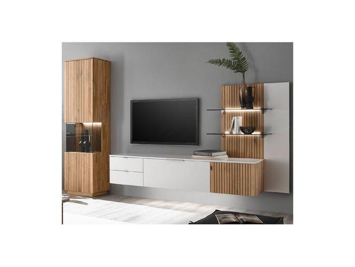 expendio Wohnwand Linda 21, (Spar-Set, 3-St), weiß-grau lackiert/ Eiche massiv bianco geölt300x204x42 cm, grau weiß, mit Beleuchtung von OTTO