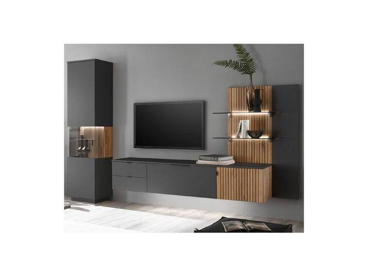 expendio Wohnwand Linda 22, (Spar-Set, 3-St), anthrazit lackiert/ Eiche massiv bianco geölt300x204x42 cm, grau, ohne Beleuchtung von OTTO