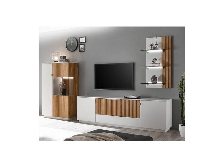 expendio Wohnwand Linda 23, (Spar-Set, 3-St), weiß-grau lackiert/ Eiche massiv bianco geölt300x204x45 cm, grau weiß, ohne Beleuchtung von OTTO