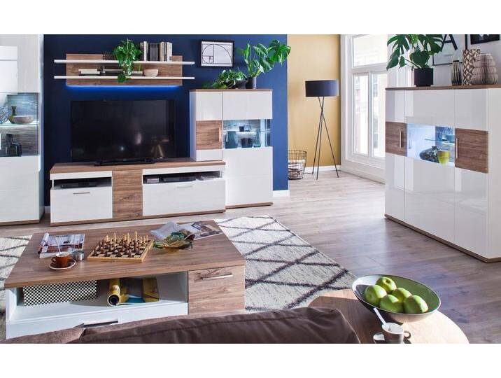 expendio Wohnwand Lorenz 34, (Spar-Set, 5-St), weiß Hochglanz / Sterling Oak Nb. vormontiert Beleuchtung 3D-Rückwand, weiß, mit Beleuchtung von OTTO
