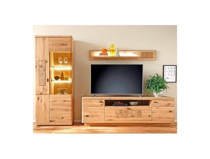 expendio Wohnwand Paige 11, (Spar-Set, 3-St), Ast/Balkeneiche massiv dgL. in Kristalleiche geölt, 303x203x50 cm, beige, mit Beleuchtung von OTTO