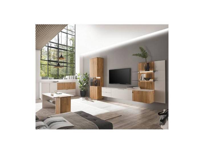 expendio Wohnzimmer-Set Linda 31, (Spar-Set, 5-St), weiß-grau lackiert/ Eiche massiv bianco geölt, grau weiß, mit Beleuchtung von OTTO