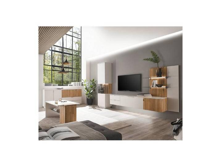 expendio Wohnzimmer-Set Linda 32, (Spar-Set, 5-St), weiß-grau lackiert/ Eiche massiv bianco geölt, grau weiß, mit Beleuchtung von OTTO