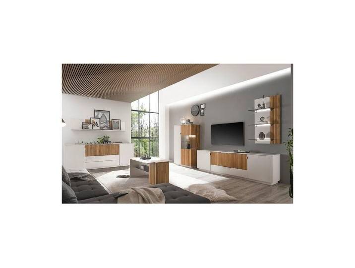 expendio Wohnzimmer-Set Linda 33, (Spar-Set, 6-St), weiß-grau lackiert/ Eiche massiv bianco geölt, grau weiß, mit Beleuchtung von OTTO