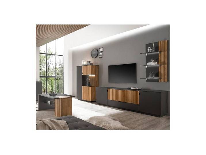 expendio Wohnzimmer-Set Linda 34, (Spar-Set, 4-St), anthrazit lackiert/ Eiche massiv bianco geölt, grau, mit Beleuchtung von OTTO