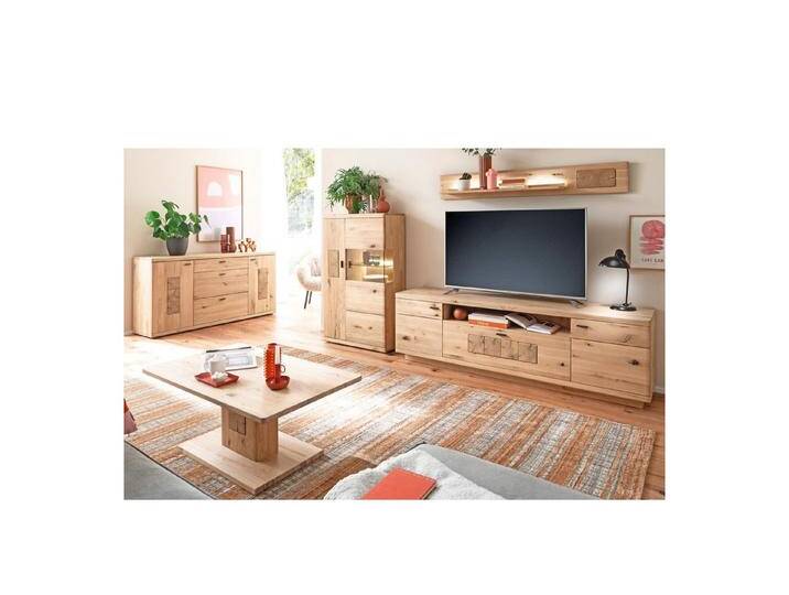 expendio Wohnzimmer-Set Paige 24, (Spar-Set, 5-St), Ast/Balkeneiche massiv durchgehende Lamelle in Kristalleiche geölt, beige, mit Beleuchtung von OTTO