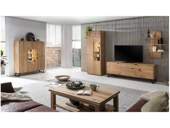 expendio Wohnzimmer-Set Porto 32, (Spar-Set, 5-St), Eiche bianco massiv mit Beleuchtung, beige, mit Beleuchtung; ohne Steinrückwand von OTTO