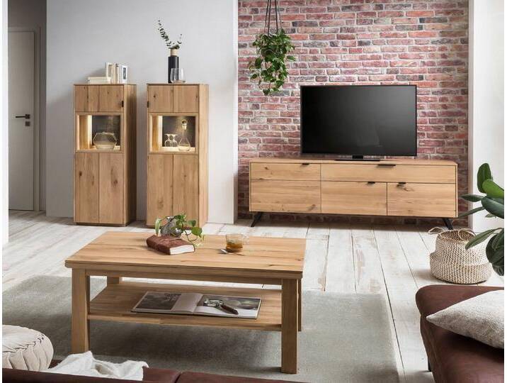 expendio Wohnzimmer-Set Porto 35, (Spar-Set, 4-St), Eiche bianco massiv mit Steinrückwand und Beleuchtung, beige, mit Beleuchtung; mit Steinrückwand von OTTO