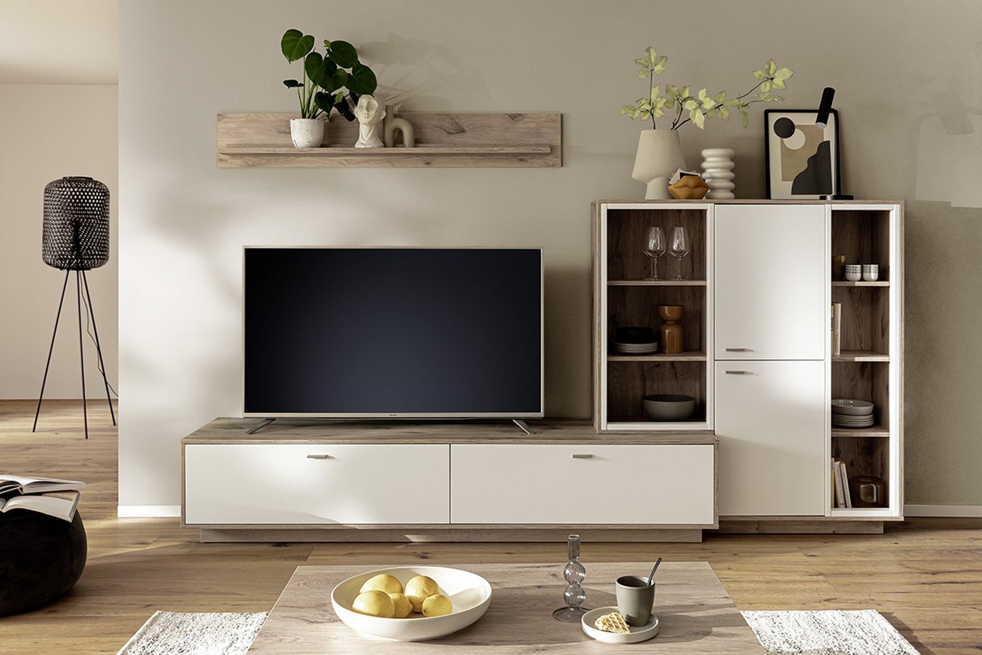 freiraum Wohnwand SANTERNO, (3-teilig), (3-teilig) in Soft weiss / Eiche Dekor - 287x180x50 (BxHxT) von freiraum