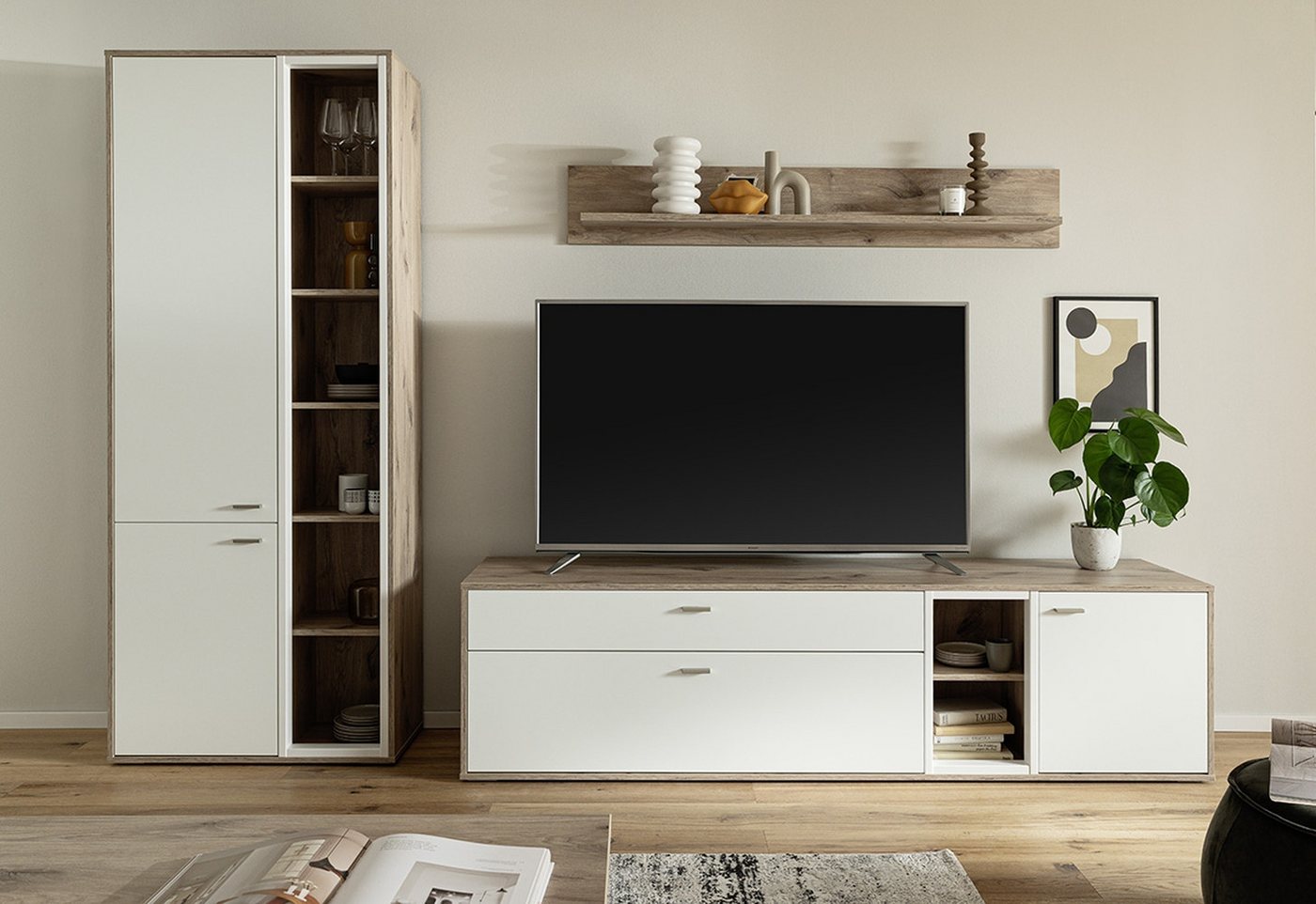 freiraum Wohnwand SANTERNO, (3-teilig), (3-teilig) in Soft weiss / Eiche Dekor - 292x197x50 (BxHxT) von freiraum