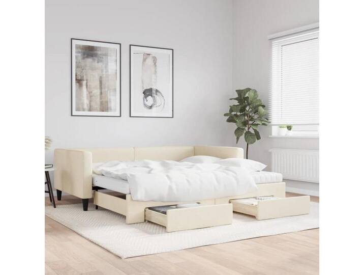 furnicato Bett Tagesbett Ausziehbar mit Schubladen Creme 100x200 cm Stoff, weiß, 100 x 200 cm, Creme von OTTO