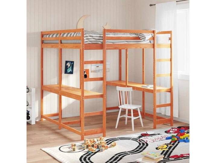 furnicato Bettgestell Hochbett mit Schreibtisch & Leiter Braun 180x200 cm Kiefernholz, braun, 180 x 200 cm, Wachsbraun von OTTO