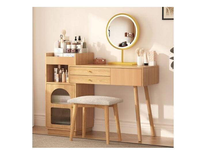 i@home Schminktisch -Set mit LED-Spiegel, 3 Schubladen & Seitenschrank, ausziehbar (Schminktisch-Set mit LED-Spiegel (ohne Hocker), Holzfüße, LED-Ringspiegel, 3 Schubladen, Tür & offene Fächer von OTTO
