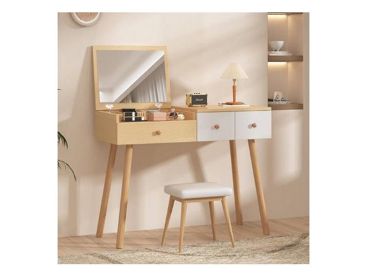 i@home Schminktisch mit Spiegel & 3 Schubladen, Natur+Weiß, 100×78×40 cm (Einzeltisch (ohne Hocker), Schminktisch (ohne Hocker), Große Tischplatte, geteilter Stauraum von OTTO