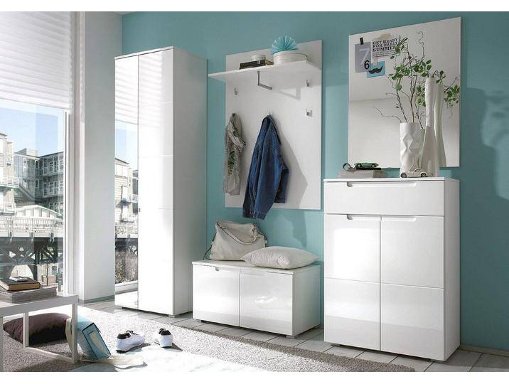 moebel-dich-auf Garderoben-Set SLICE, (Komplett-Set, 5-St., Garderobenschrank + Paneel + Bank + Spiegel + Schuhkommode), Front MDF weiß Hochglanz von OTTO