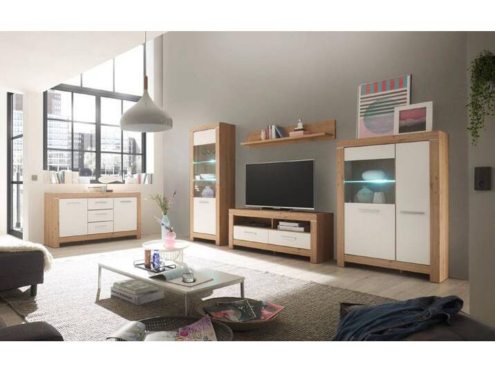 moebel-dich-auf Wohnwand BALIN, (in Artisan Eiche Nb. / weiß, Vitrine + Wandboard + Lowboard + Stauraumelement), inkl. LED-Beleuchtung, beige von OTTO