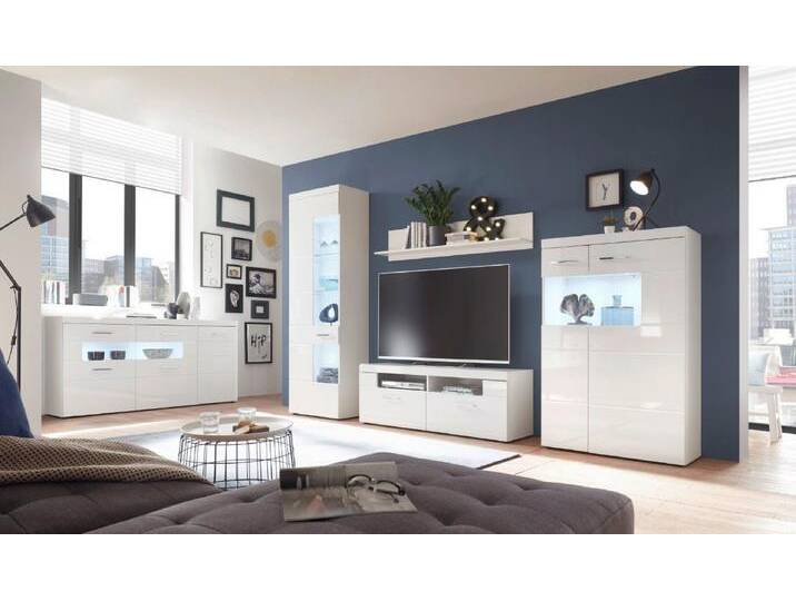 moebel-dich-auf Wohnwand LUGANO, (Vitrine + Wandboard + Lowboard + Highboard), Korpus: weiß, MDF-Front: weiß Hochglanz, Wohnwand inkl. Sideboard von OTTO