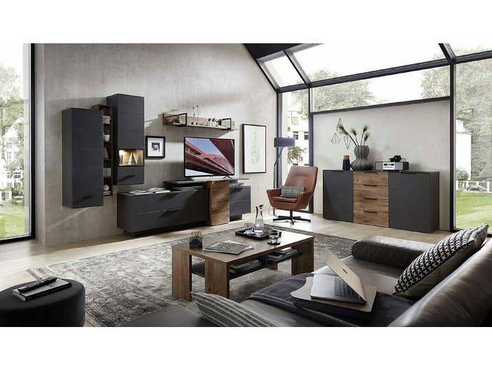 moebel-dich-auf Wohnwand MEDIANA 1, (Wohnzimmer-Set in graphit / Haveleiche Cognac Nb., 2 Hängevitrinen + Hängeregal + Wandboard + Lowboard), Metallgriffe von OTTO