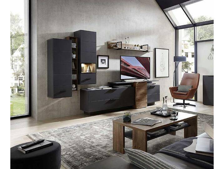 moebel-dich-auf Wohnwand MEDIANA 1, (Wohnzimmer-Set in graphit / Haveleiche Cognac Nb., 2 Hängevitrinen + Hängeregal + Wandboard + Lowboard), Metallgriffe von OTTO