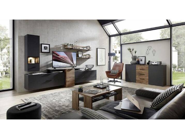 moebel-dich-auf Wohnwand MEDIANA 2, (Wohnzimmer-Set in graphit / Haveleiche Cognac Nb., Hängevitrine + 2x Wandboard + Lowboard), Metallgriffe, grau von OTTO