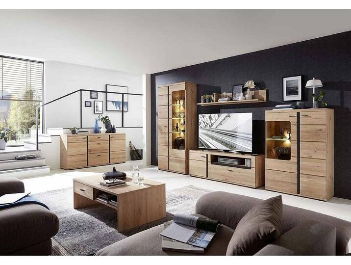moebel-dich-auf Wohnwand SANTOS, (in Altesche massiv gebürstet, 2 Vitrinen + Wandboard + Lowboard), Metallgriffe, Soft-Close-Funktion, beige von OTTO