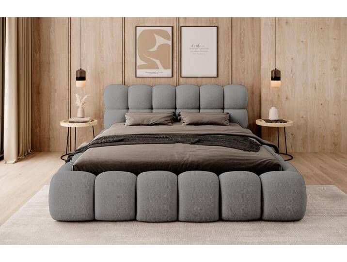 thematys Polsterbett mit Bettkasten, Stauraumbett, Bouclé 140x200 160x200 180x200 200x200cm (Kopfteil im Oversize-Look und Stauraum – weich, modern und pflegeleicht, Inklusive Lattenrost: Metall- oder Holzrahmen wählbar), hochwertiger Bouclé-Stoff in Weiß, Beige und Grau, grau von OTTO