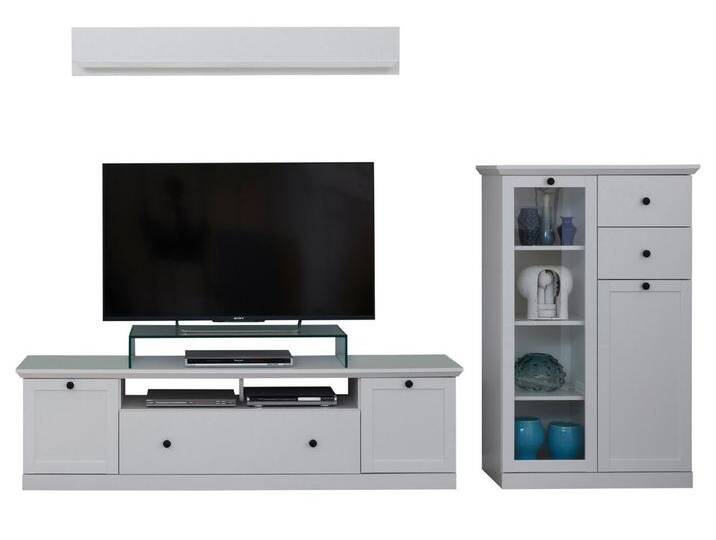 trendteam Wohnwand Baxter, (Wohnzimmer Set in weiß, 3-teilig, 270 x 180 cm), moderner Landhausstil, Mit Podest und Beleuchtungsset von OTTO