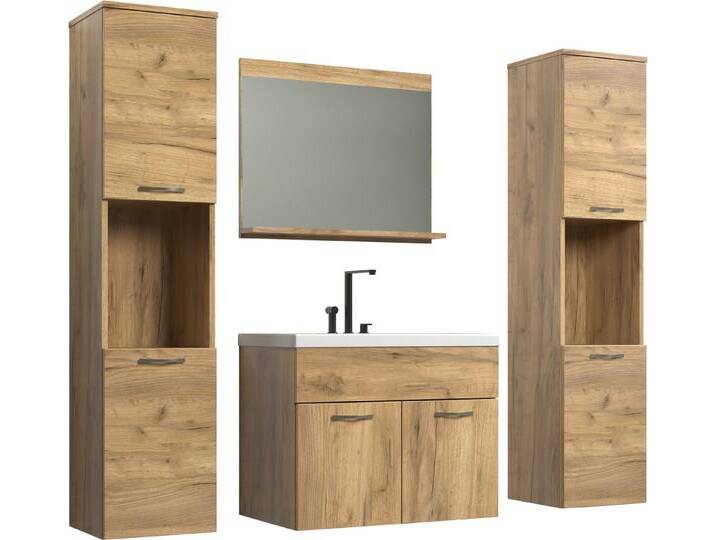 welltime Badezimmer-Set Kuba, (Komplett-Set, 4-St), Hängeschränke, Waschtisch mit Waschbecken und Wandspiegel mit Ablage, braun, Eiche Kraft Gold von OTTO