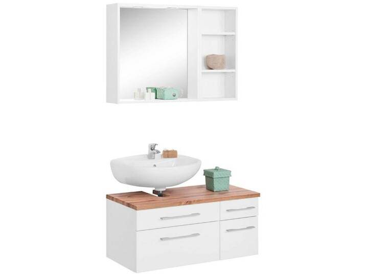 welltime Badmöbel-Set Davos, (3-St), Spiegel inklusive Beleuchtung, Regal und Waschbeckenunterschrank, weiß, Siphonausschnitt links, weiß von OTTO
