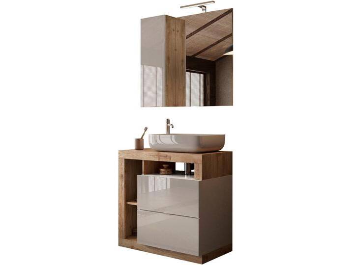 welltime Badmöbel-Set Hamburg, Badezimmerset 2tlg. Breite 79 cm, Badmöbel, Waschtisch inkl., (Spar-Set, 2-St), Waschbecken, Spiegelschrank mit LED Aufbauleuchte, Soft-Close-Funktion von OTTO