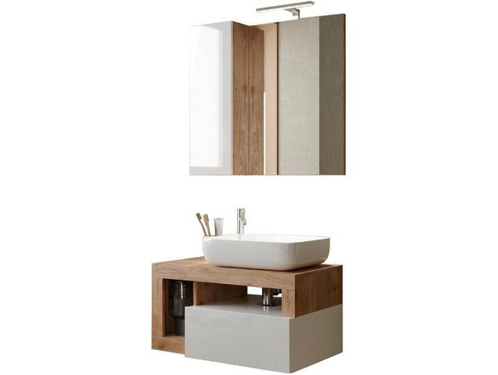 welltime Badmöbel-Set Hamburg, Badezimmerset 2tlg. Breite 79 cm, Badmöbel, Waschtisch inkl., (Spar-Set, 2-St), Waschbecken, Spiegelschrank mit LED Aufbauleuchte, Soft-Close-Funktion von OTTO