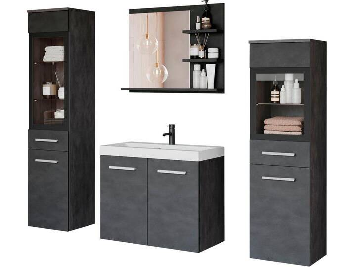 welltime Badmöbel-Set MADRIT, (Komplett-Set, 5-St., mit Waschbecken), Waschtisch inkl. Waschbecken, Badschrank, Hochschrank, Spiegel, grau von OTTO