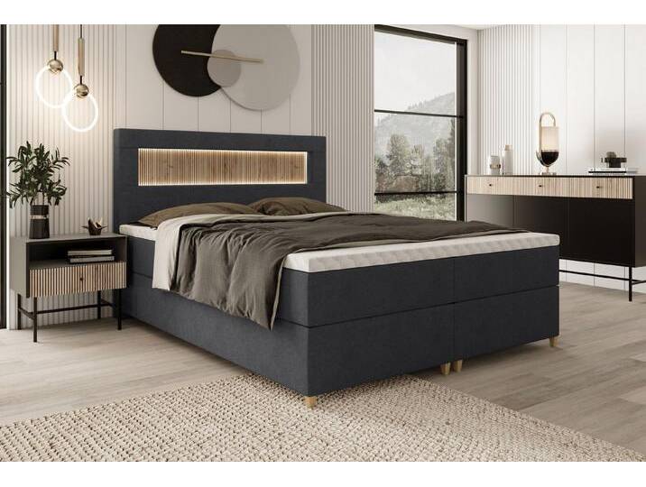 wonello Boxspringbett Espoo 2, mit LED-Beleuchtung, USB-Anschluss, 2x Nachttisch und Topper, grau, H2/H3, Anthrazit von OTTO