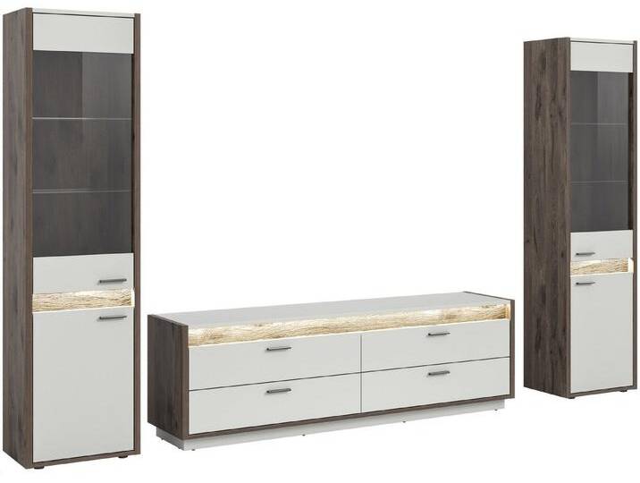 xonox.home Wohnwand Falcona, (3tlg. Set bestehend aus 2x Vitrine, Lowboard), Nox Oak Dunkel Nachbildung Hellgrau Softclose Modern 319x198x43 cm, grau von OTTO