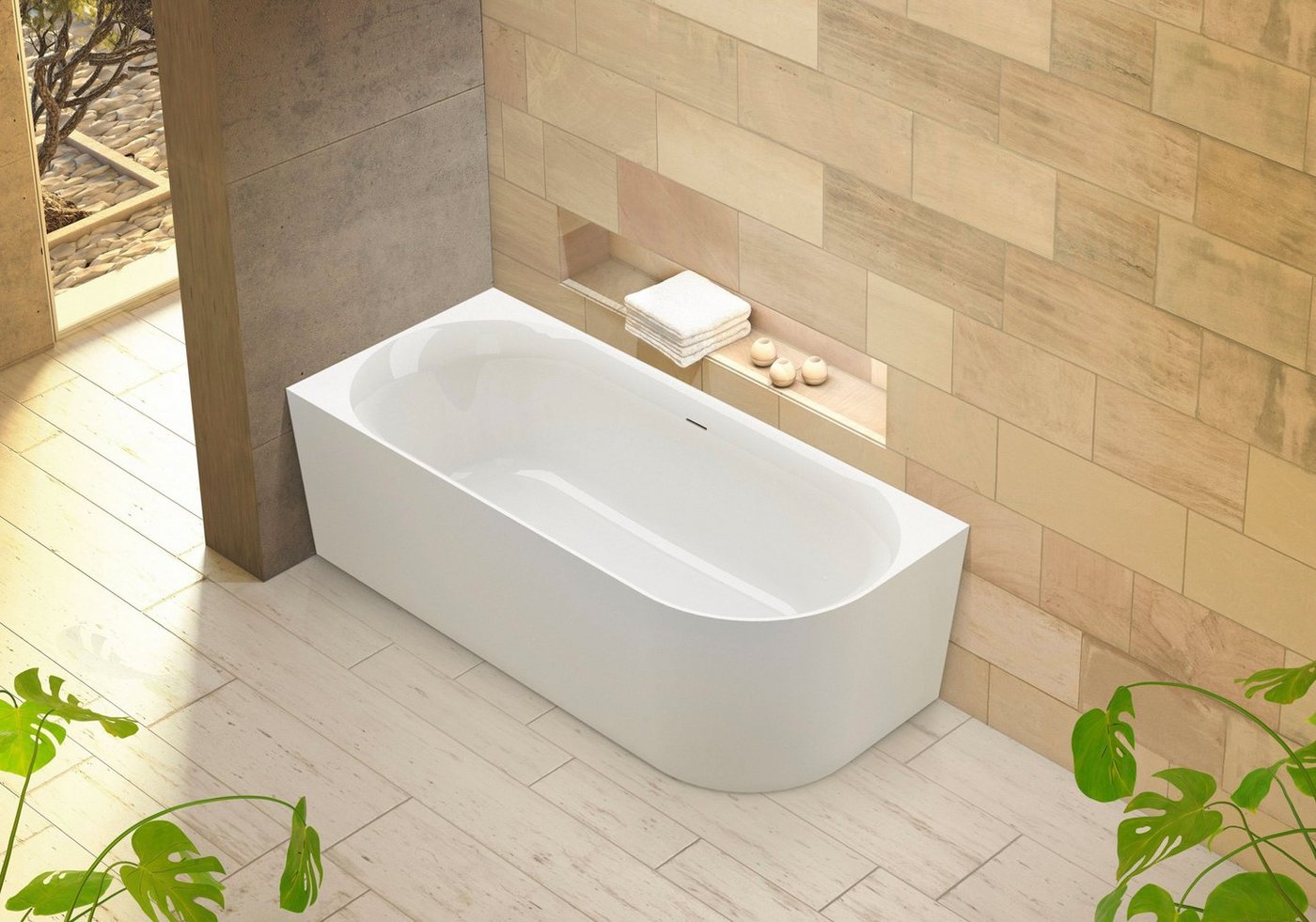 OTTOFOND Badewanne Mince Corner XS rechts 155 cm weiß, (1-tlg), inkl. Ablaufgarnitur, Schlitzüberlauf, Fußgestell, schmale Wannenkante von OTTOFOND