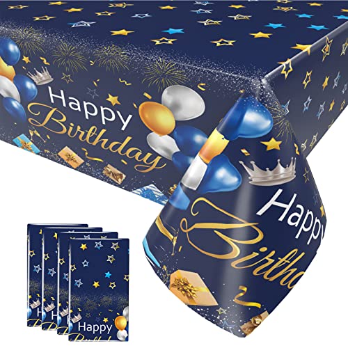 4 Stück Happy Birthday Tischtuch Geburtstag, 137 x 274cm Einweg-Tischdecke Kunststoff wasserdicht & ölbeständig Jungen und Mädchen, Männer und Frauen, Geburtstag Party Supplies, Marineblau von OTTPL