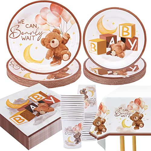 We Can Bearly Wait Babyparty-Dekorationen, Teddybär, Babyparty, Pappteller, Servietten, Tassen und Bär, Baby-Party, Tischdecke für Jungen und Mädchen, Aufschrift "We Can Bearly Wait", von OTTPOOM