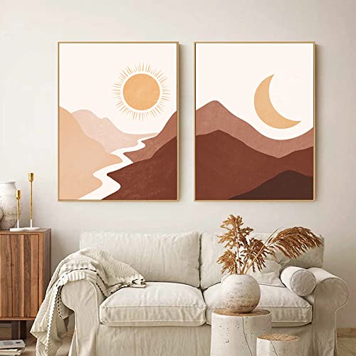 Abstrakte Landschaft Wand Bilder Sonne Mond Leinwand Gemälde Poster und Kunstdrucke Berg Textur Wandbilder für Wohnzimmer Boho Deko 50x70cmx2 ungerahmt von OTURRI