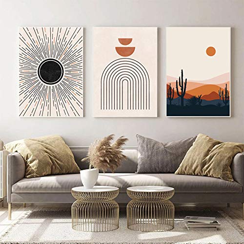 Abstraktes Mid-Century-Wandbild Regenbogen Sonne und Mond Poster und Kunstdrucke auf Leinwand modernes geometrisches Wandbild für Wohnzimmer 40 x 60 cm x 3 ungerahmt von OTURRI