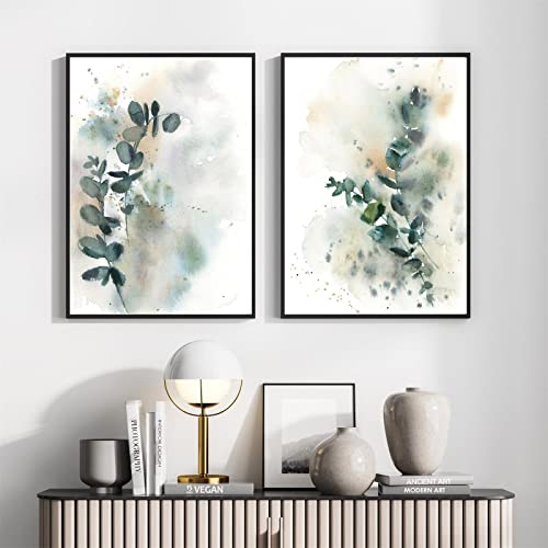 Aquarell-Eukalyptus-Wandkunst abstraktes Bild modernes Poster grüne Blätter Leinwandmalerei minimalistisch Wohnzimmer Schlafzimmer Dekoration 50 x 70 cm x 2 ungerahmt von OTURRI