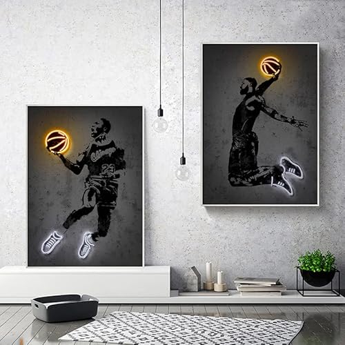 Basketball Leinwand Wandkunst Neon Posterdruck Street Art Modulare Schablone Wandbilder Neon Basketball Sport Leinwand Gemälde 50x70cmx2 ungerahmt von OTURRI