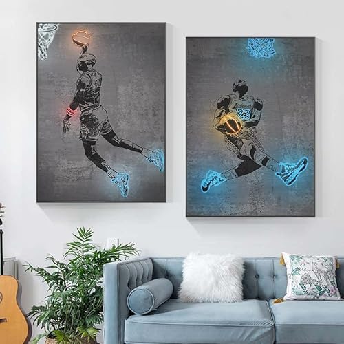 Basketballspieler Wand Bilder Leinwand Gemälde Basketball Traum Poster und Kunstdruck Wand Bilder Neon Wandbild für Wohnzimmer Wohnkultur 40x60cmx2 ungerahmt von OTURRI