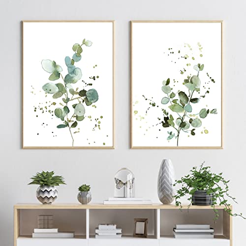 Grüne Pflanze Blätter Posterdruck Eukalyptus Wand Bilder Leinwand Bild Abstraktes Bild Für Wohnzimmer Aquarell Heimdekoration 50x70cmx2 Ungerahmt von OTURRI