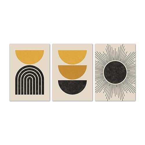 Mid Century Wand Bilder Geometrisch Boho Poster Kunstdrucke Regenbogenformen Leinwand Gemälde Gelb Schwarz Moderne Wandbilder für Zuhause 40 x 60 cm x 3 ungerahmt von OTURRI
